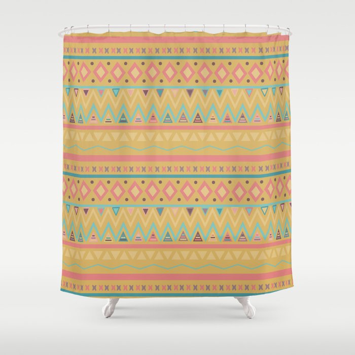 Hand Painted Geometrical Pink Teal Yellow Tribal Aztec Shower Curtain