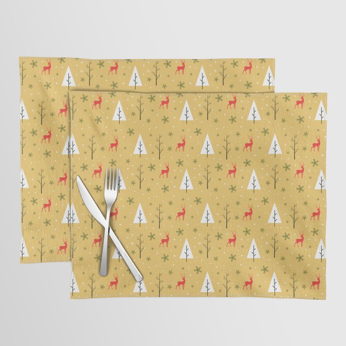 Christmas Pattern Yellow Retro Tree Deer Placemat