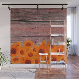 Rustic Brown Red Wood Orange Yellow Summer Sunflowers Wall Mural