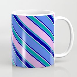 [ Thumbnail: Plum, Dark Cyan, Royal Blue, and Blue Colored Lined Pattern Coffee Mug ]