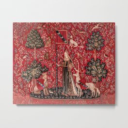 Lady and Unicorn Medieval Tapestry Touch Metal Print | Magicalanimal, Unicorn, Tapestry, Touch, Floralmillefleur, Renaissance, Ladyandunicorn, Vintage, Antique, Darkred 