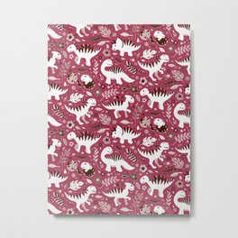 Dino Floral in Deep Berry Pink Metal Print | Dinos, Curated, Berry, Flowers, Egg, Leaves, Nature, Cute, Red, Adorable 