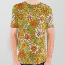 1960s, 1970s Retro Floral in Green, Pink & Orange - Flower Power All Over Graphic Tee