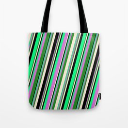 [ Thumbnail: Vibrant Green, Orchid, Forest Green, Beige & Black Colored Striped Pattern Tote Bag ]