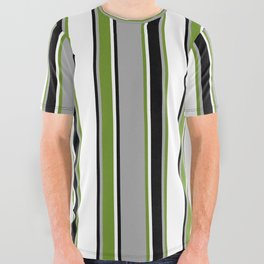 [ Thumbnail: Dark Gray, Green, White & Black Colored Lines/Stripes Pattern All Over Graphic Tee ]