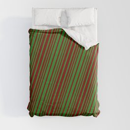 [ Thumbnail: Forest Green and Maroon Colored Lines/Stripes Pattern Duvet Cover ]