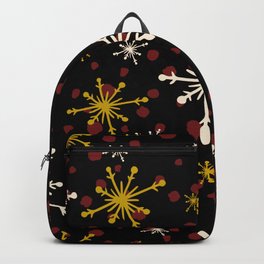 Gold, White, Red Snowflakes Pattern On Midnight Black Backpack