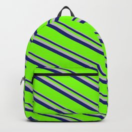 [ Thumbnail: Grey, Midnight Blue, and Green Colored Lined/Striped Pattern Backpack ]