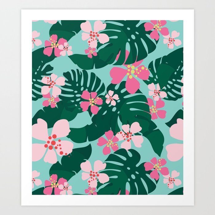 LARGE A3 SiZE QUALITY CANVAS PRINT TROPICAL PALM LEAVES & HIBISCUS FLOWERS 