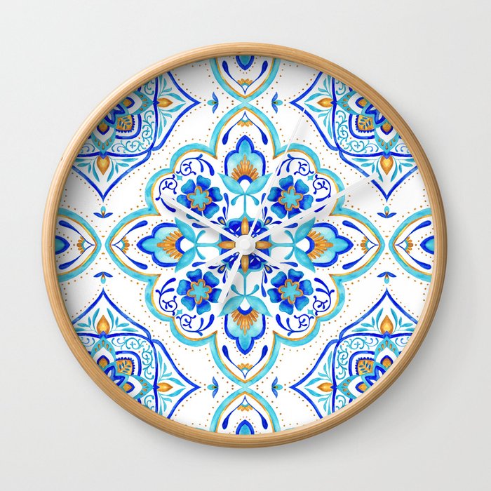 Hand Painted Moroccan Tiles Aqua And Gold Wall Clock By Teganswyny Hand Painted Moroccan Tiles Aqua And Gold Wall Clock