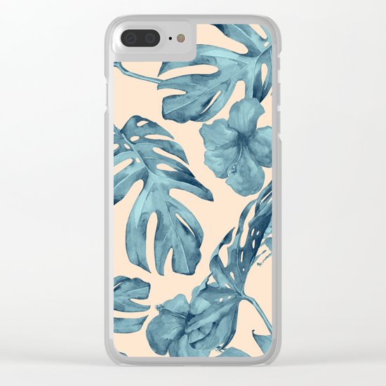 Island Vacay Hibiscus Palm Pale Coral Teal Blue Clear iPhone Case