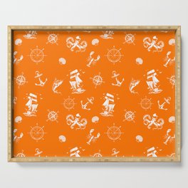 Orange And White Silhouettes Of Vintage Nautical Pattern Serving Tray