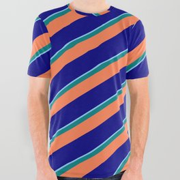 [ Thumbnail: Light Sky Blue, Teal, Coral, and Blue Colored Stripes Pattern All Over Graphic Tee ]