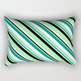 [ Thumbnail: Green, Teal, Mint Cream & Black Colored Lined Pattern Rectangular Pillow ]