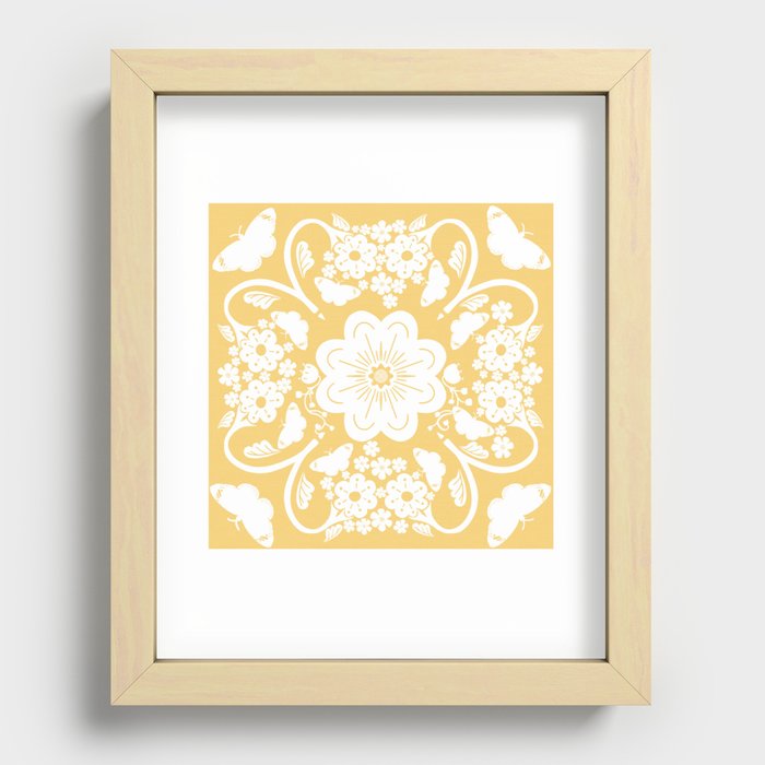 Retro Modern Butterflies And Flowers Golden Yellow Silhouette  Recessed Framed Print