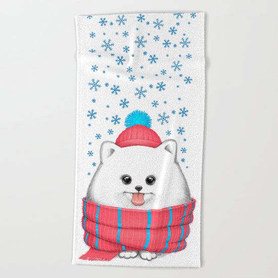 winter dog Beach Towel