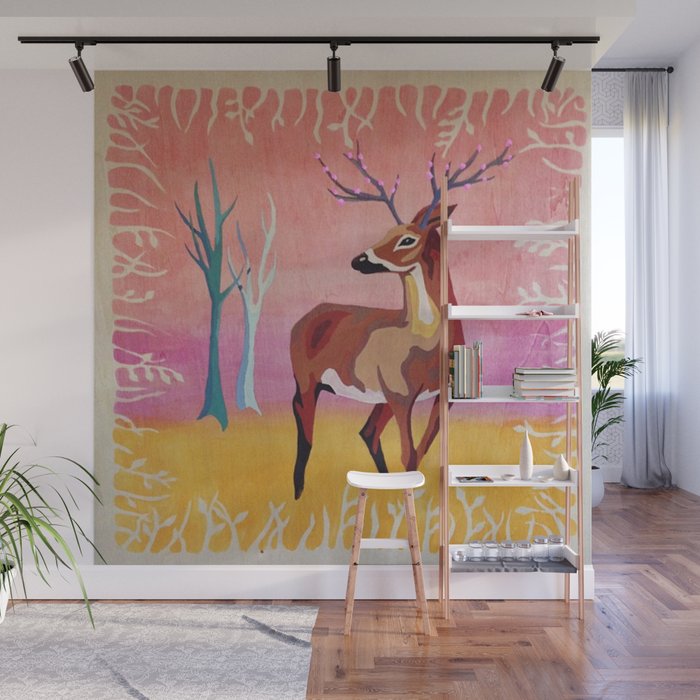 Floral Deer Acrylic Painting Wall Mural By Lapetitemesange Society6