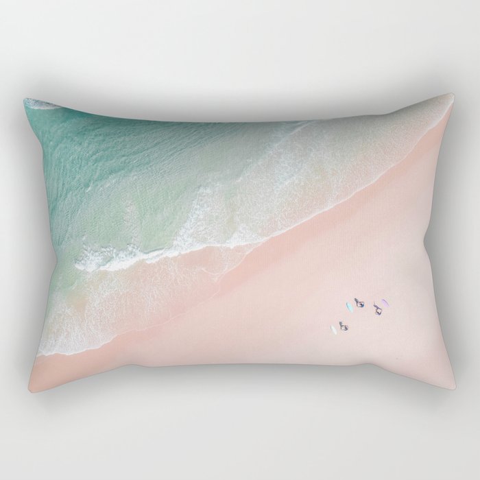 Surf Yoga II - Aerial Pink Beach Print - Ocean - Sea Travel photography by Ingrid Beddoes Rectangular Pillow