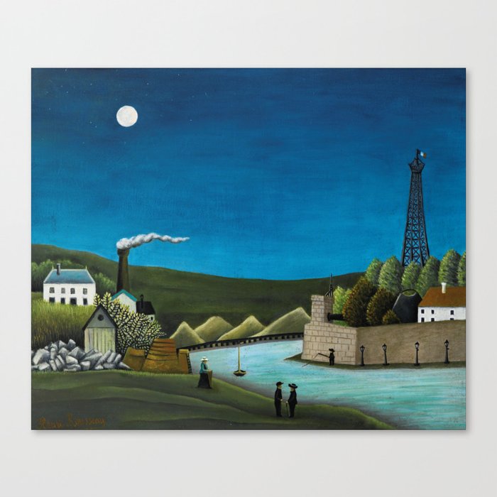 Moon on the River Seine, Paris, France landscape painting by Henri Rousseau; La Seine à Suresnes Canvas Print