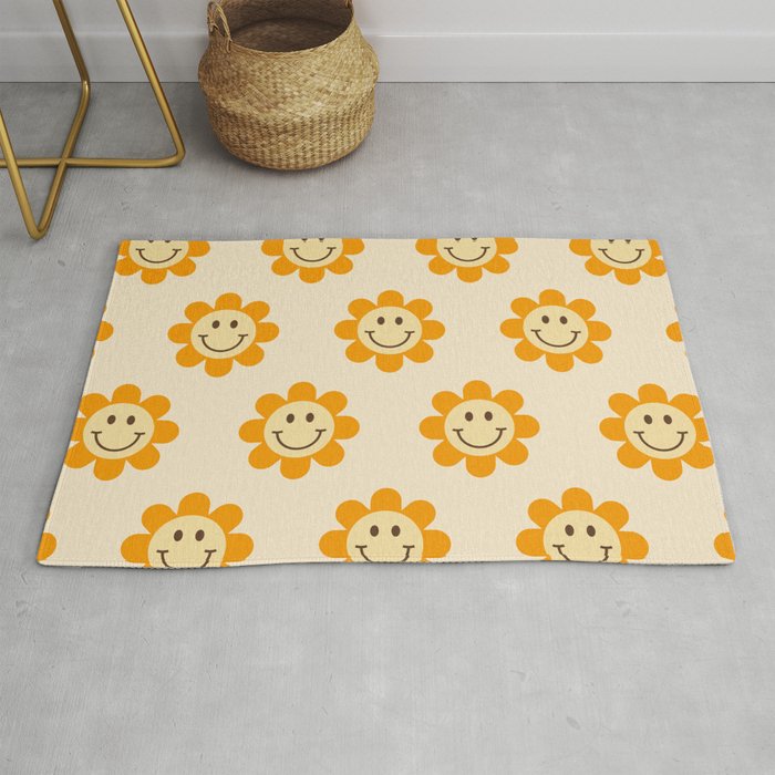 70s Retro Smiley Floral Face Pattern in yellow and beige Rug