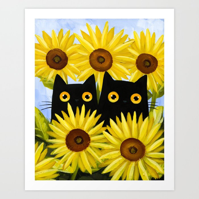 Black Cats and Sunflowers Art Print