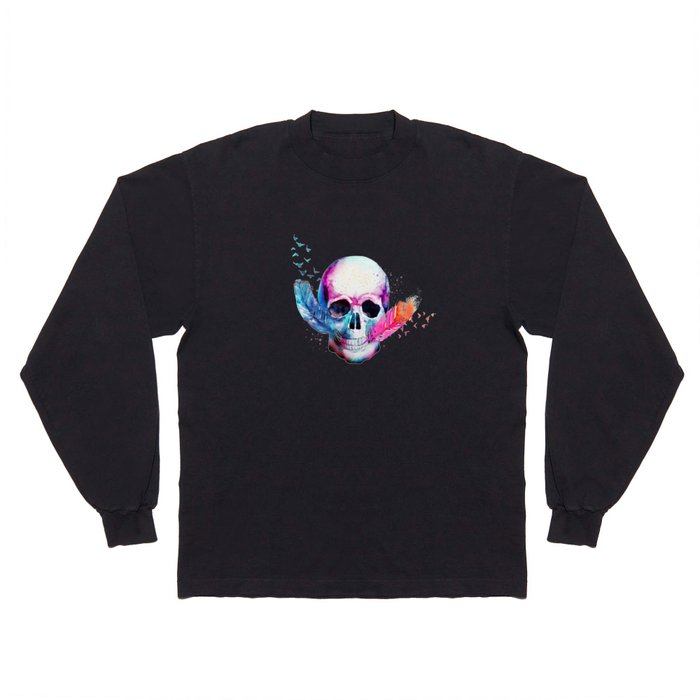 Colorful vibrant skull with feathers Long Sleeve T Shirt