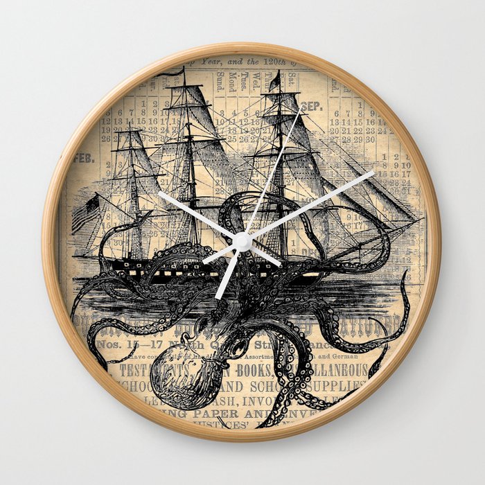Octopus Kraken attacking Ship Antique Almanac Paper Wall Clock