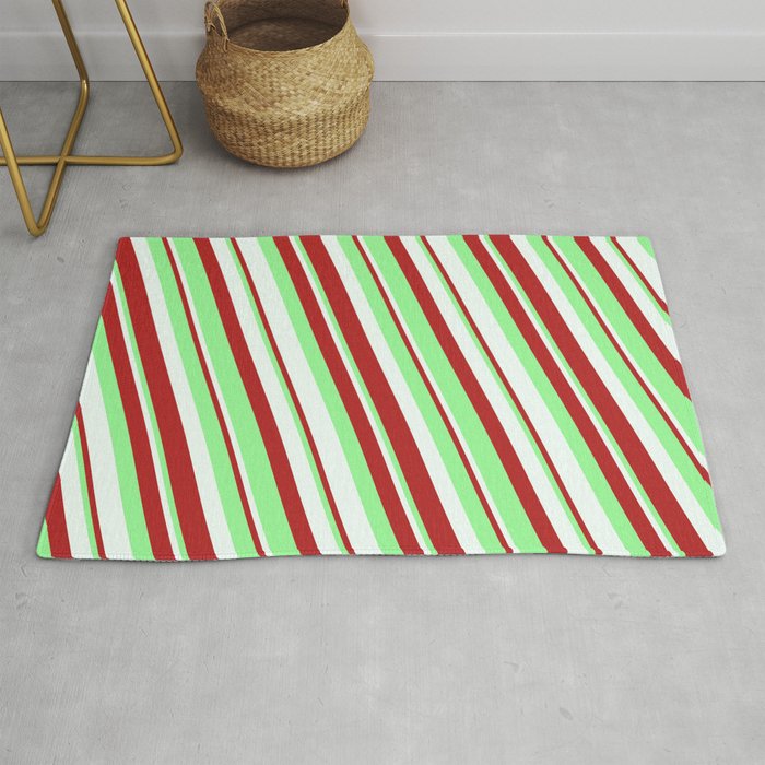 Mint Cream, Red & Green Colored Lined Pattern Rug