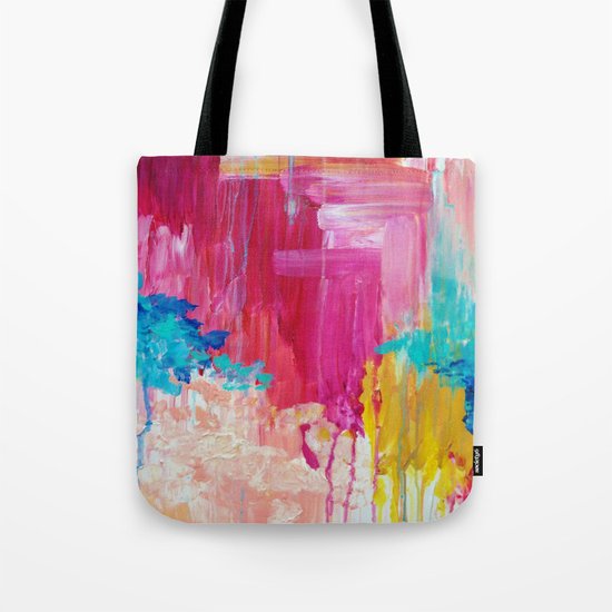 ELATED - Beautiful Bright Colorful Modern Abstract Painting Wild Rainbow Pastel Pink Color Tote Bag