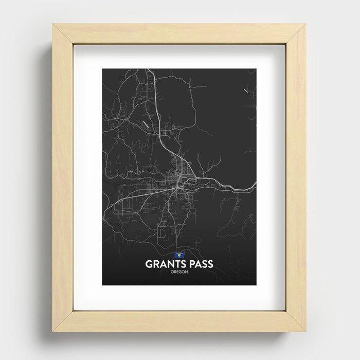 Grants Pass, Oregon, United States - Dark City Map Recessed Framed Print