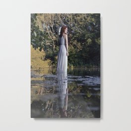 Lady in white standing on the water Metal Print