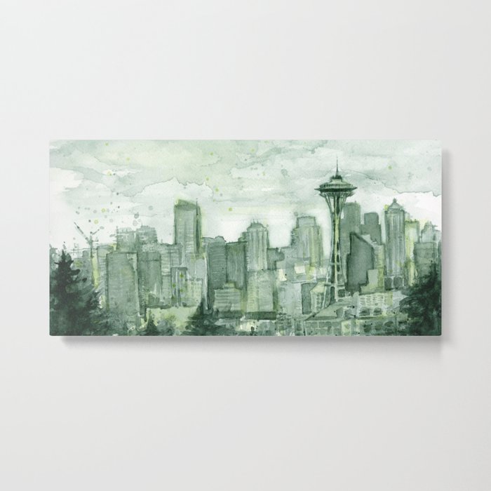 Seattle Skyline Watercolor Space Needle Emerald City 12th Man Art Metal Print