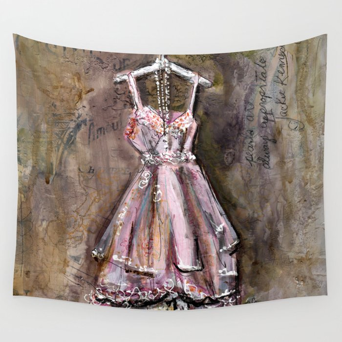 Vintage Pink Dress with Pearls Mixed Media Wall Tapestry