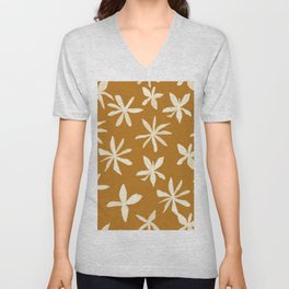 70s Retro Bohemian Flowers on Inca Gold  V Neck T Shirt