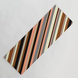 [ Thumbnail: Colorful Light Salmon, Grey, Light Yellow, Brown, and Black Colored Stripes Pattern Yoga Mat ]