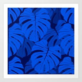 Bright Blue Monstera Leaves Dark Background #decor #society6 #buyart Art Print