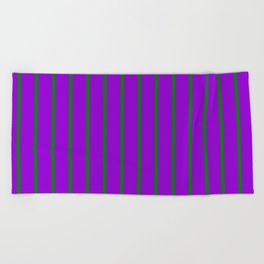 [ Thumbnail: Dark Violet and Green Colored Lines Pattern Beach Towel ]