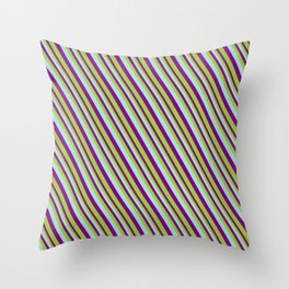 [ Thumbnail: Light Blue, Purple & Green Colored Pattern of Stripes Throw Pillow ]