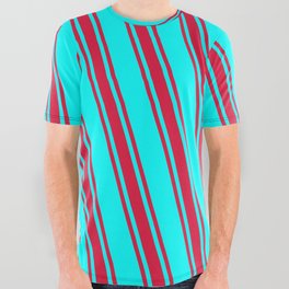 [ Thumbnail: Cyan & Crimson Colored Stripes Pattern All Over Graphic Tee ]