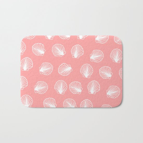 Modern mermaid white seashells hand drawn pattern on pink Bath Mat