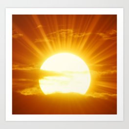 Blazing hot white sun surrounded with dramatic yellow sunrays in a red sky with clouds Art Print | Creation, Sunrise, Dramatic, Risingsun, Beginning, Seasons, Bright, Sunset, Yellow, Blazingsun 
