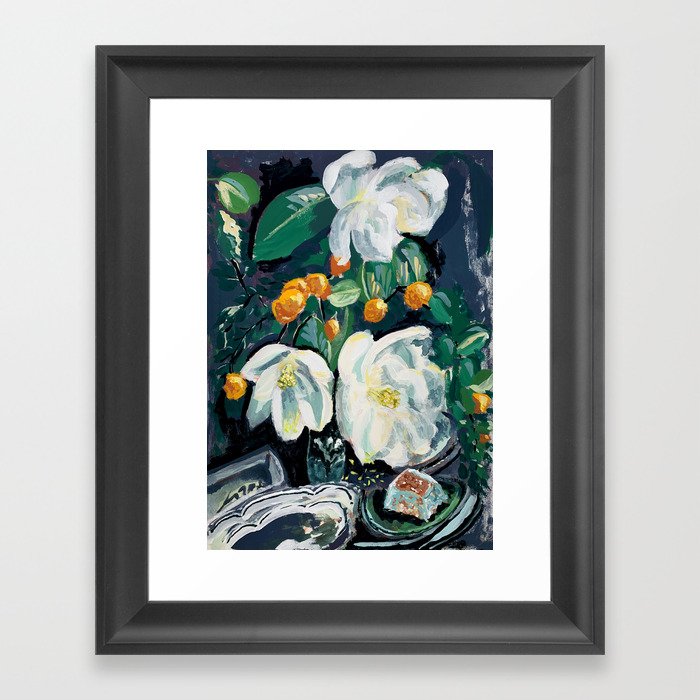 Magnolia and Persimmon Floral Still Life Framed Art Print