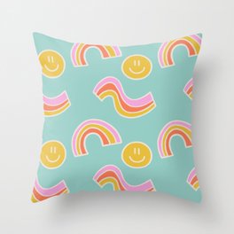 Fun & Cute Pink and Teal Smiley Face & Rainbows Pattern Throw Pillow