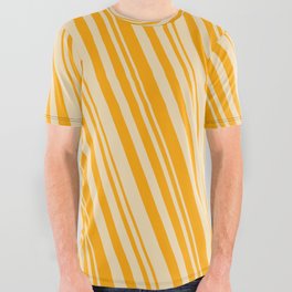 [ Thumbnail: Orange & Tan Colored Pattern of Stripes All Over Graphic Tee ]