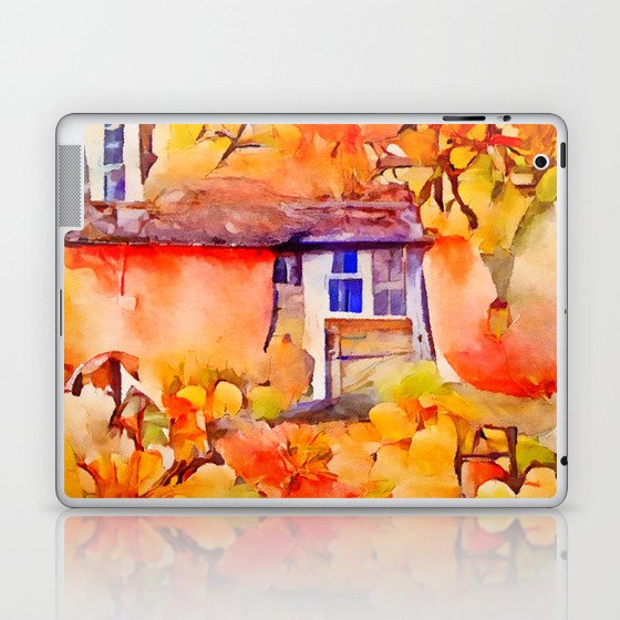 AUTUMN COTTAGE Whimsical Rustic Fall Season Pumpkin Country House Watercolor Painting Laptop & iPad Skin