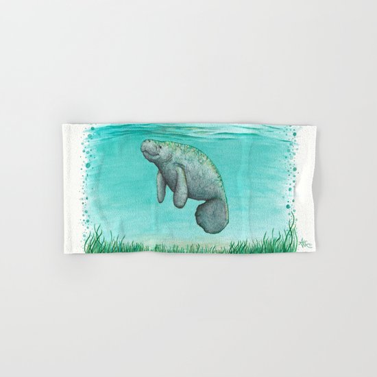 "Mossy Manatee" by Amber Marine ~ Watercolor & Ink Painting, (c) 2016 Hand & Bath Towel