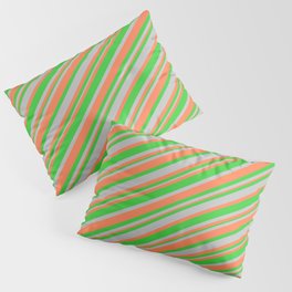 [ Thumbnail: Coral, Lime Green, and Grey Colored Striped Pattern Pillow Sham ]