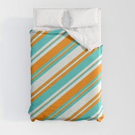 [ Thumbnail: Mint Cream, Dark Orange & Turquoise Colored Lined/Striped Pattern Duvet Cover ]