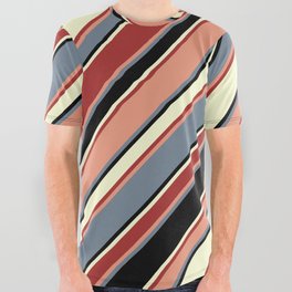 [ Thumbnail: Vibrant Dark Salmon, Slate Gray, Black, Light Yellow, and Brown Colored Lines/Stripes Pattern All Over Graphic Tee ]