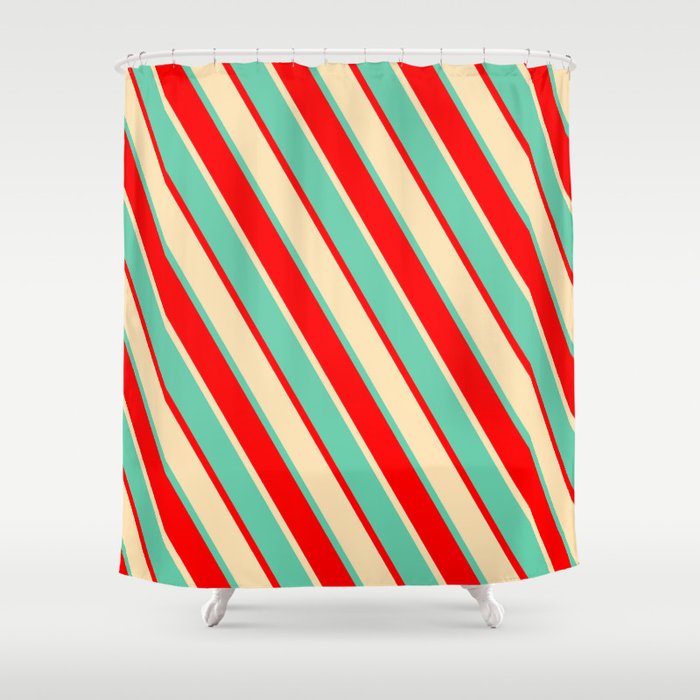 Aquamarine, Red & Beige Colored Stripes Pattern Shower Curtain